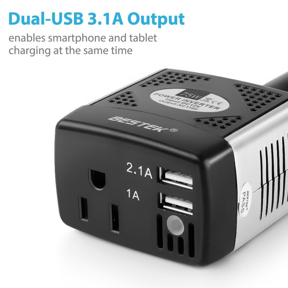 BESTEK 75W inverter — AC outlet and dual USB port close-up