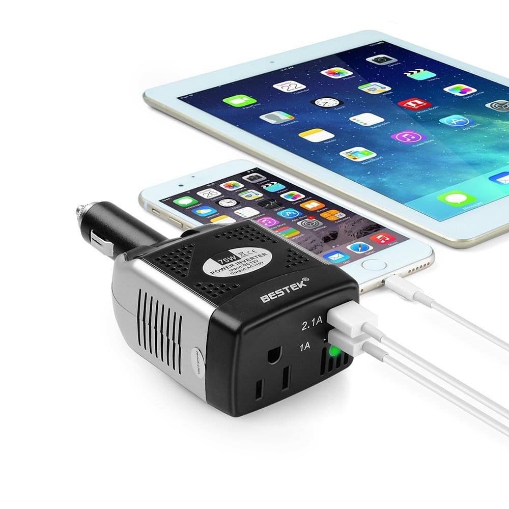 BESTEK 75W inverter — USB charging a phone and tablet