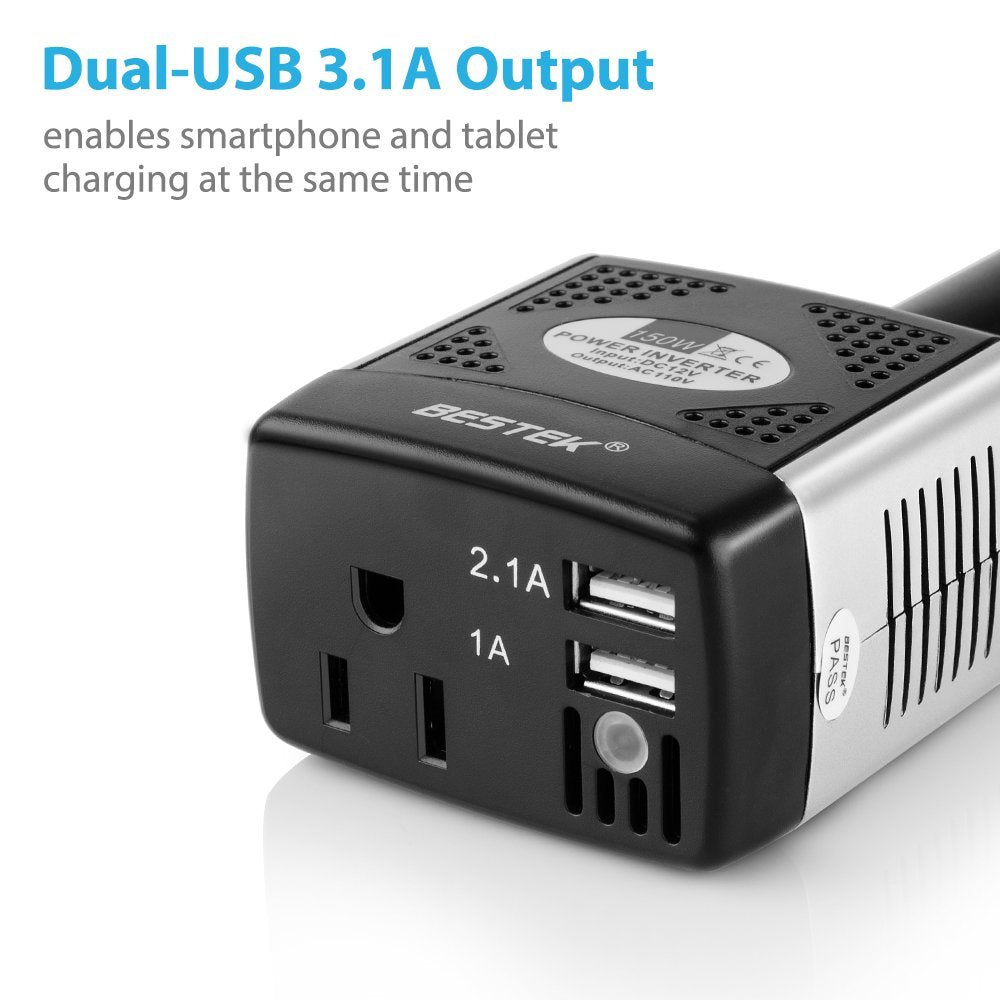 BESTEK 150W inverter — AC outlet and two USB port close-up