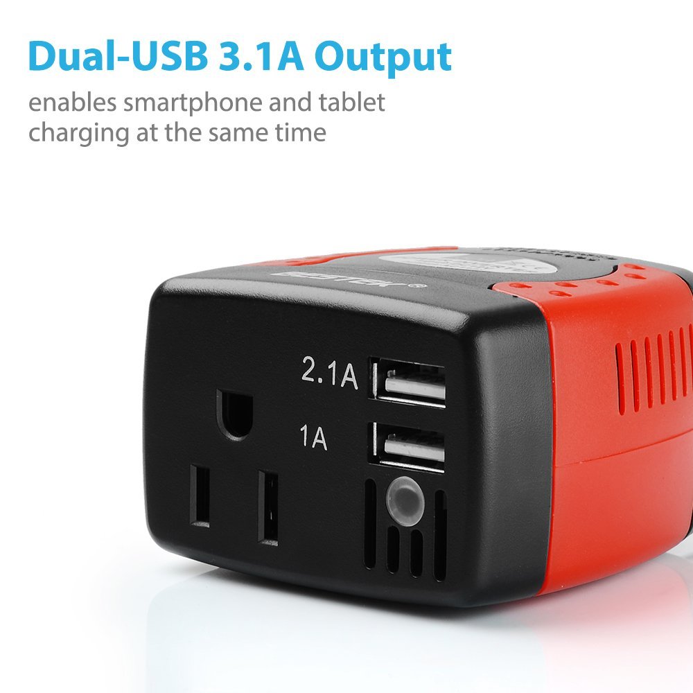 BESTEK 150W inverter — close-up of the AC outlet and two USB ports