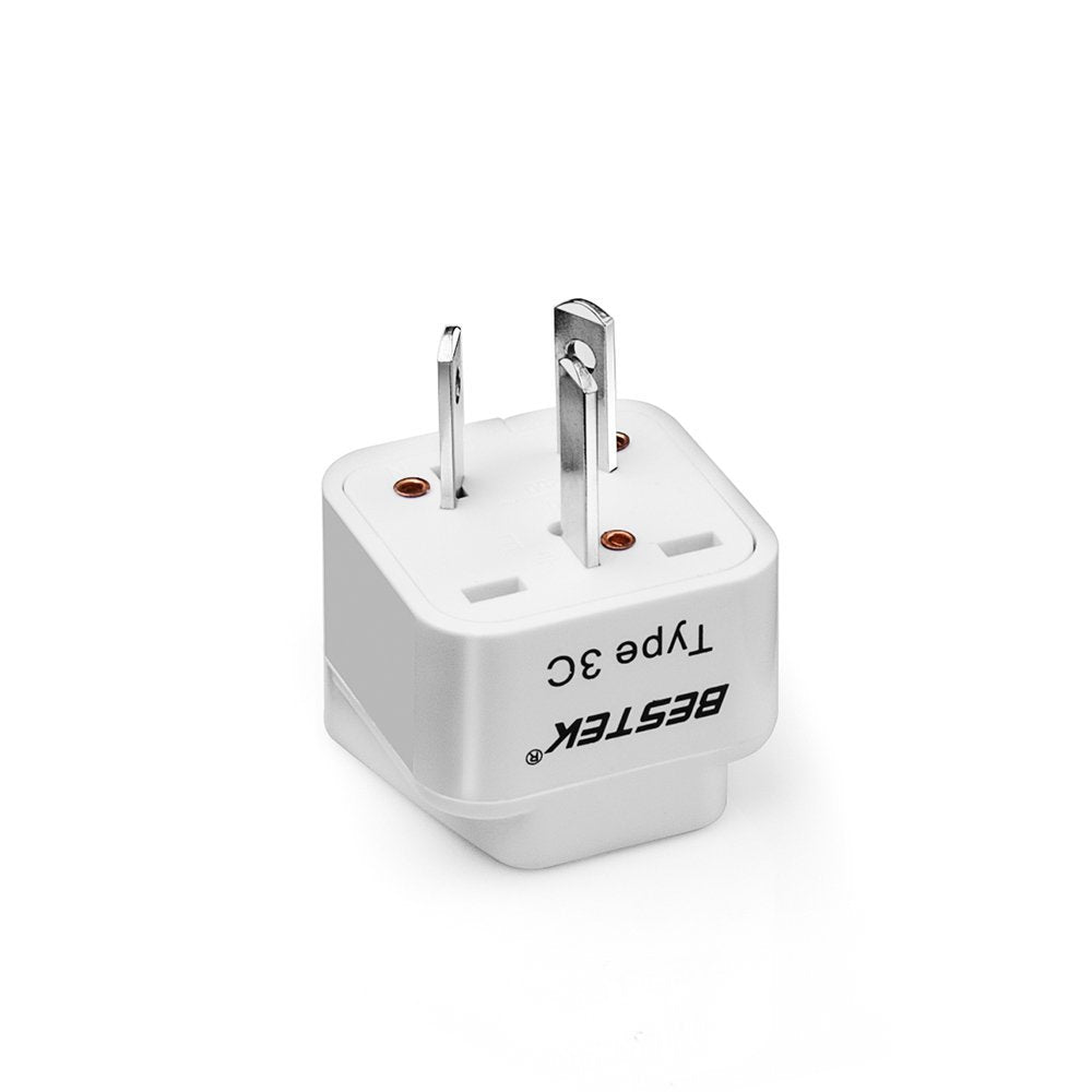 BESTEK travel plug adapter — three-pin plug viewed from the pin side