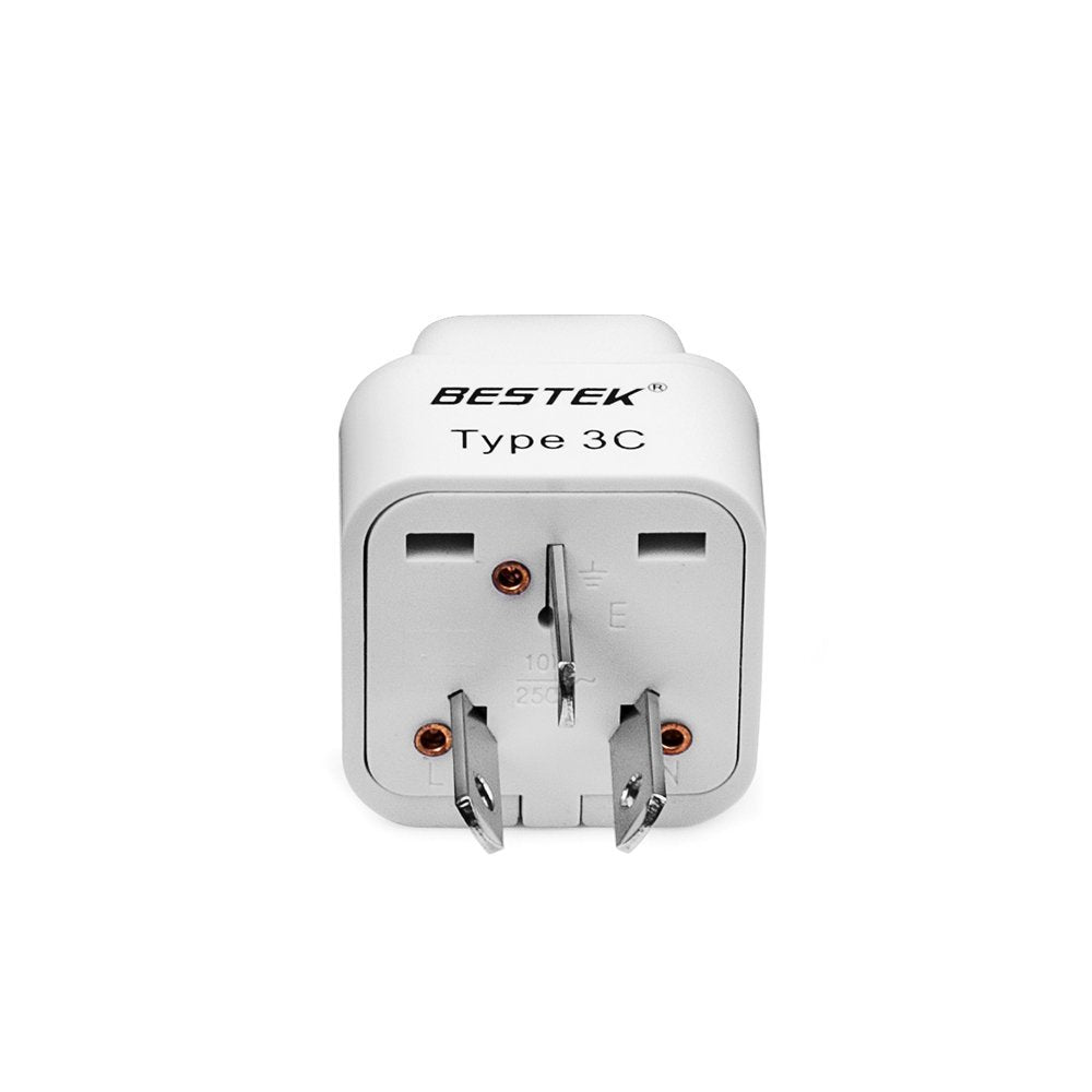 BESTEK travel plug adapter — plug pins and universal socket viewed together