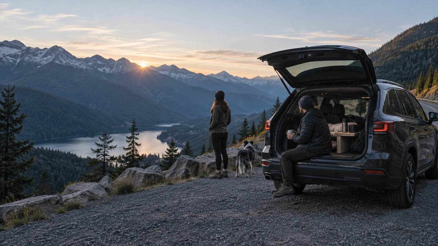 An SUV parked at a mountain overlook, with space for a working stop
