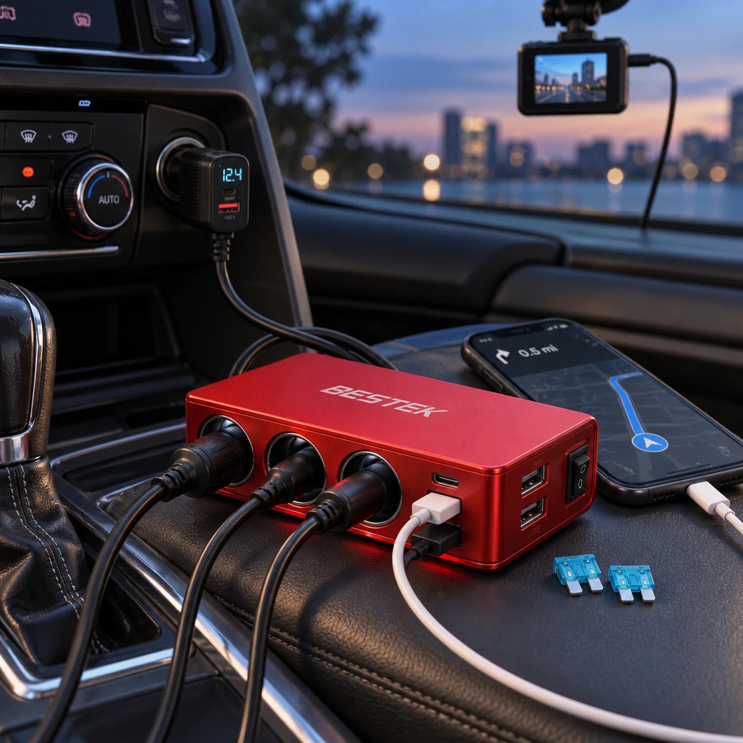 BESTEK 148W 9-in-1 Cigarette Lighter Splitter with 30W USB-C PD, Red in a use setting