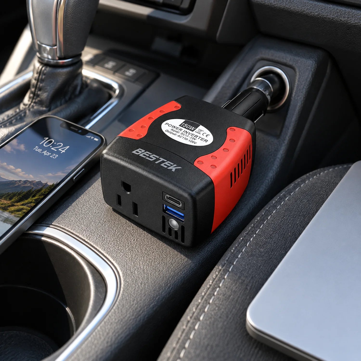 BESTEK 150W Power Inverter 12V to 110V with PD30W QC18W Dual USB Ports in a use setting