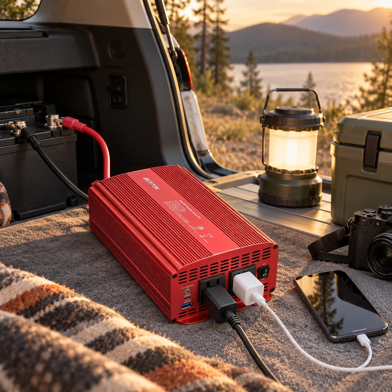 BESTEK 2-Outlet 1000W Car Power Inverter DC 12V to AC 110V with PD 30W USB C and QC 18W in a use setting