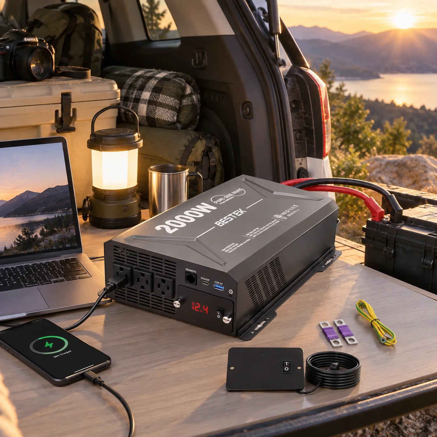 BESTEK 2000W Pure Sine Wave Power Inverter with Remote Control in a use setting