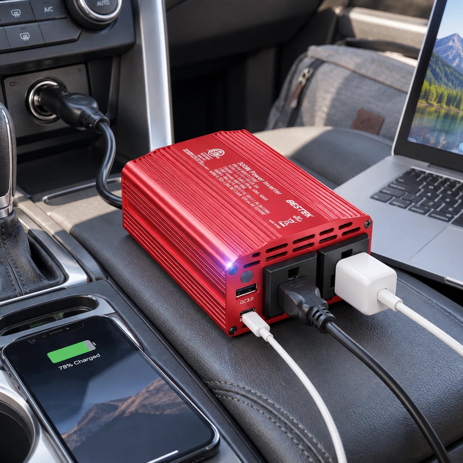 BESTEK 300W Car Power Inverter with 30W USB-C and Dual AC Outlets in a use setting