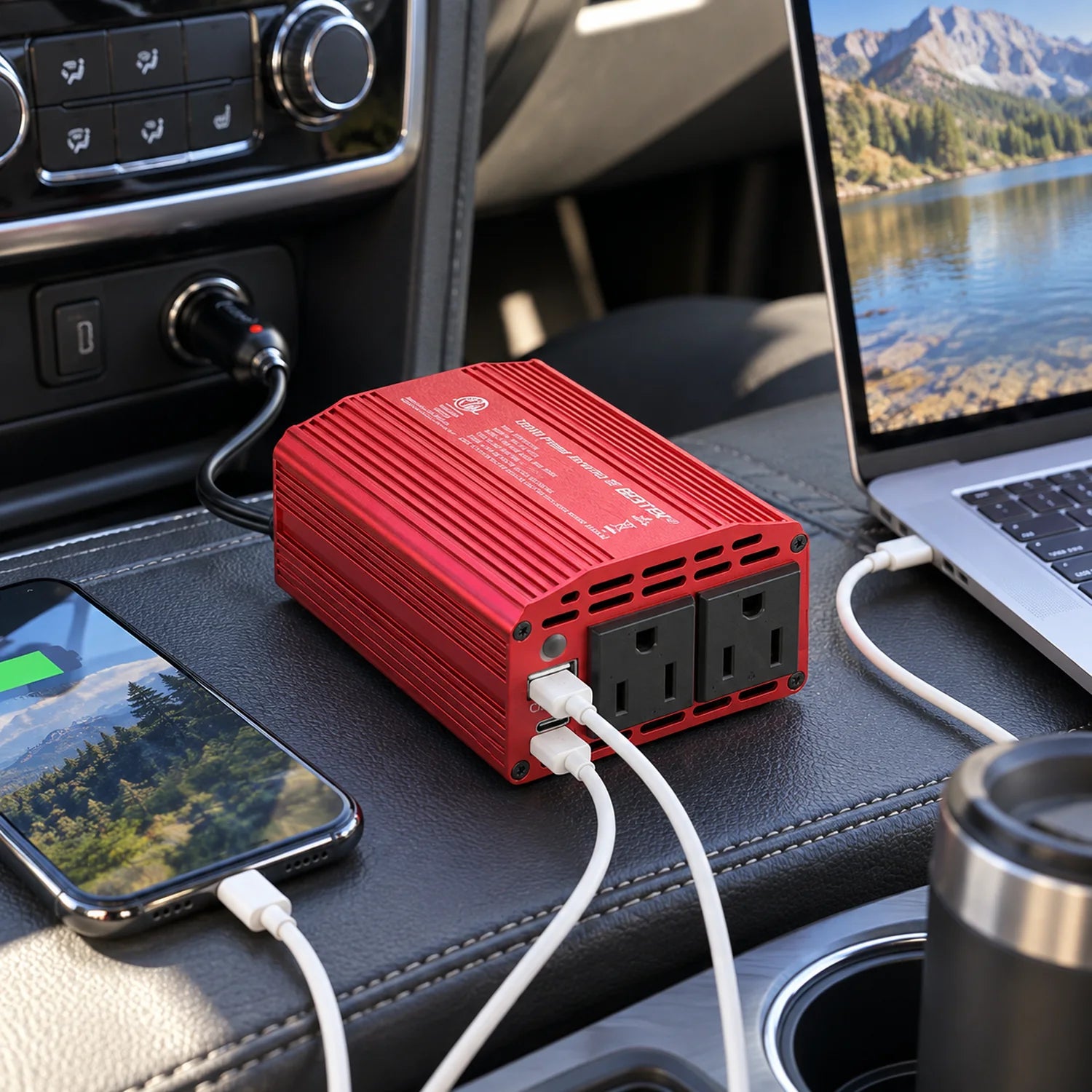BESTEK 300W Car Power Inverter with 65W USB-C and QC3.0 Ports - 12V DC to 110V AC Converter in a use setting