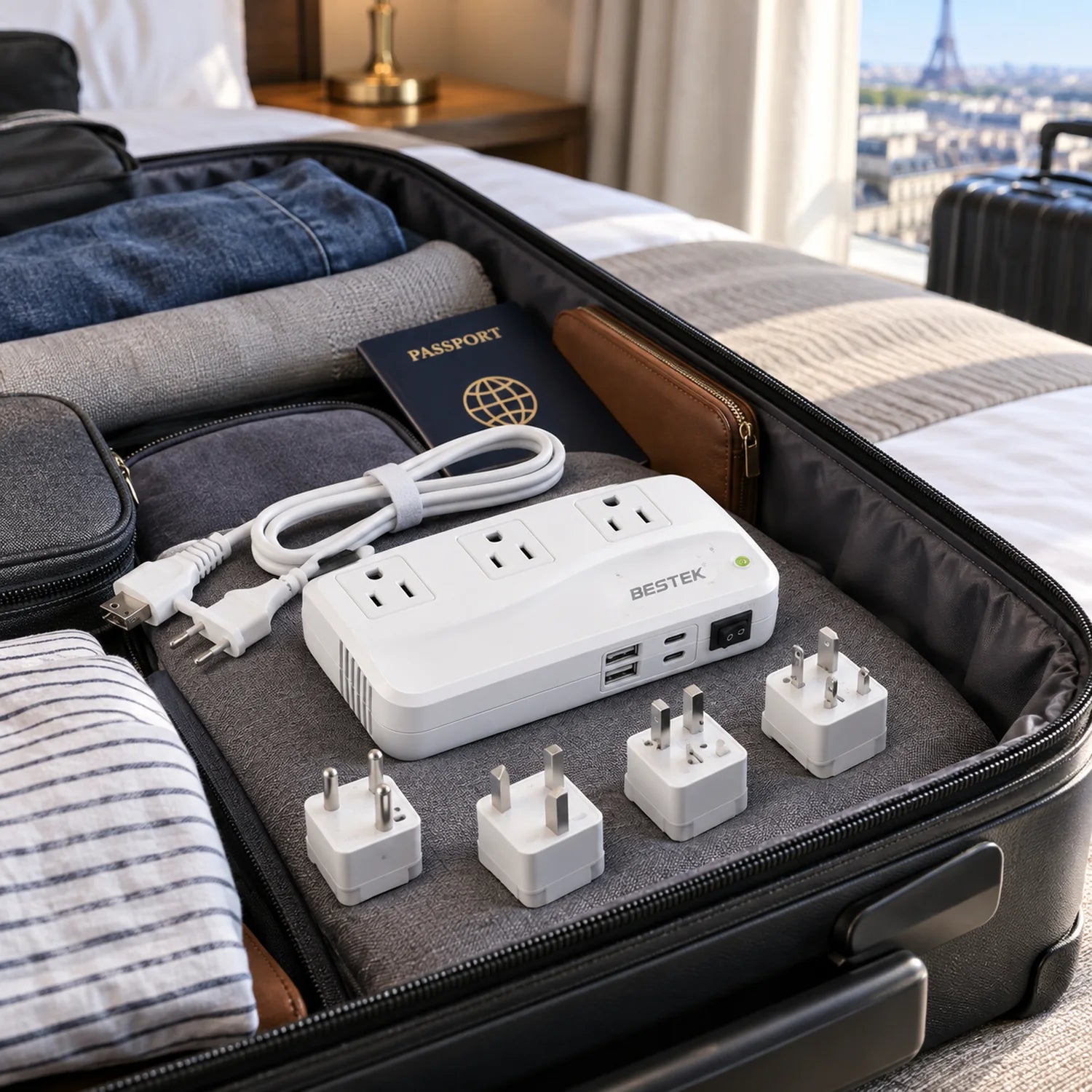 BESTEK 300W Voltage Converter 220V to 110V Power Transformer with 2 USB-C PD 20W Fast Charging Ports in a use setting