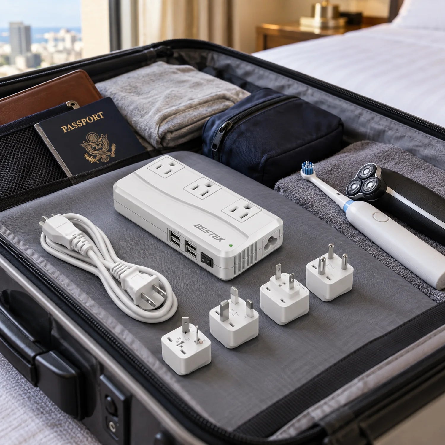 BESTEK Universal Travel Adapter and Voltage Converter with 4 USB Ports in a use setting