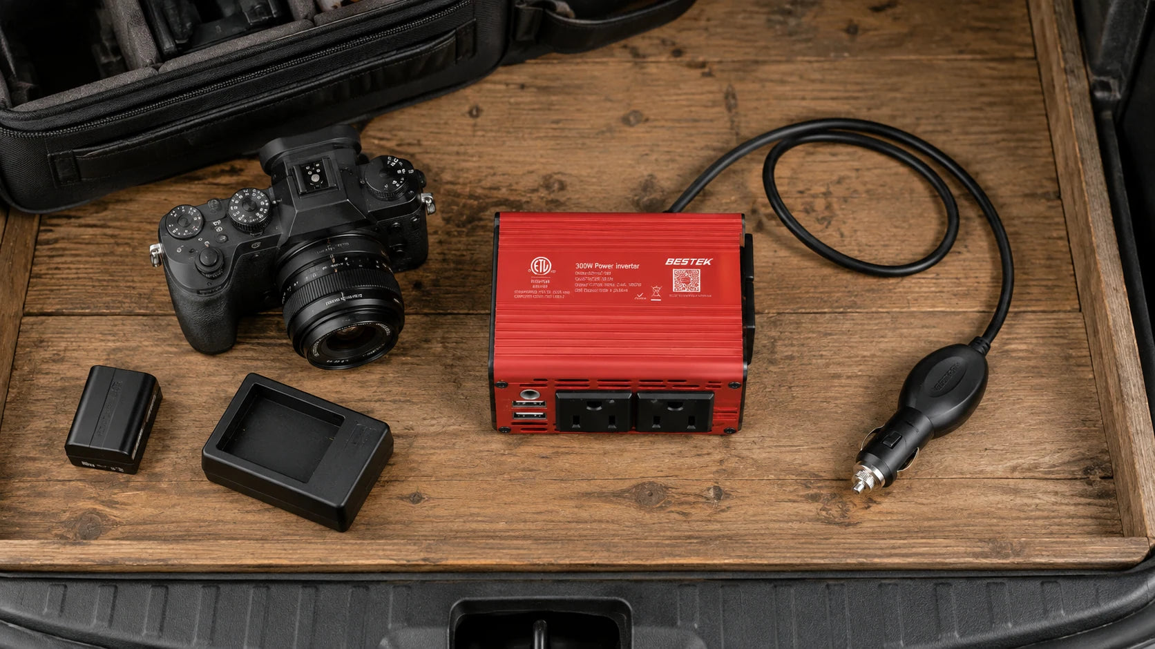 Unplugged camera, battery dock and red inverter arranged for a dry charging-stop equipment check