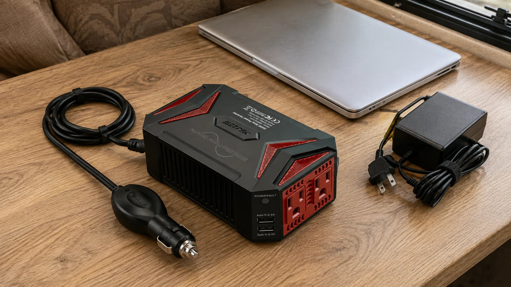 Laptop, original-style adapter and unplugged black-and-red inverter arranged on a clear parked-vehicle work surface
