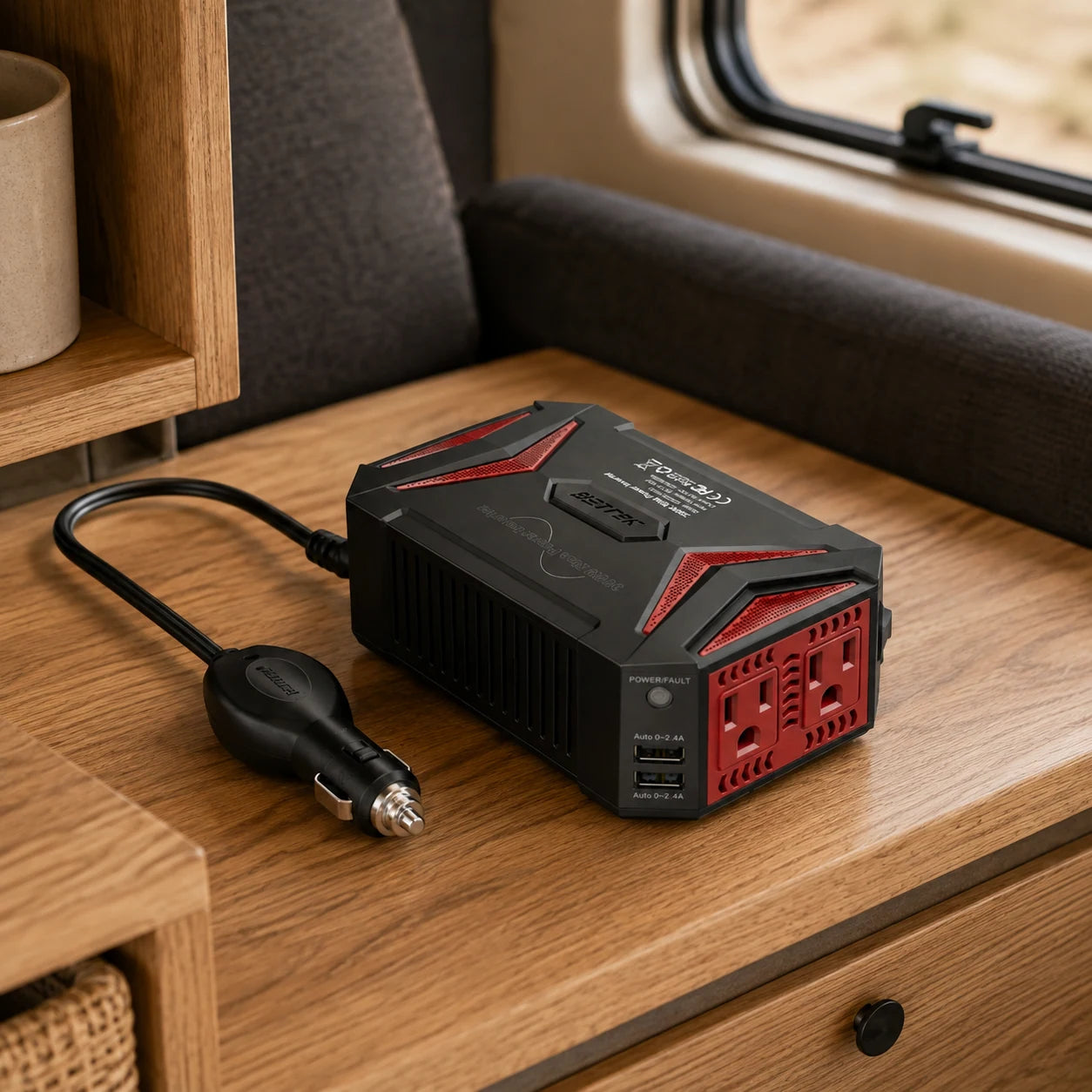 Black and red BESTEK pure sine inverter and its 12V plug arranged on a warm oak shelf inside a parked camper