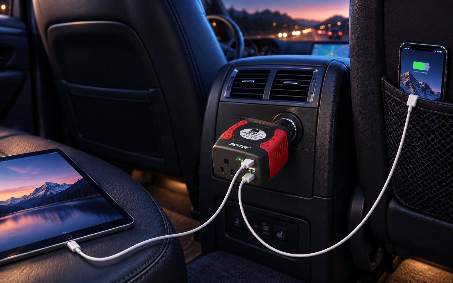 BESTEK 150W Power Inverter with Dual USB Charging Ports in a product-specific use setting