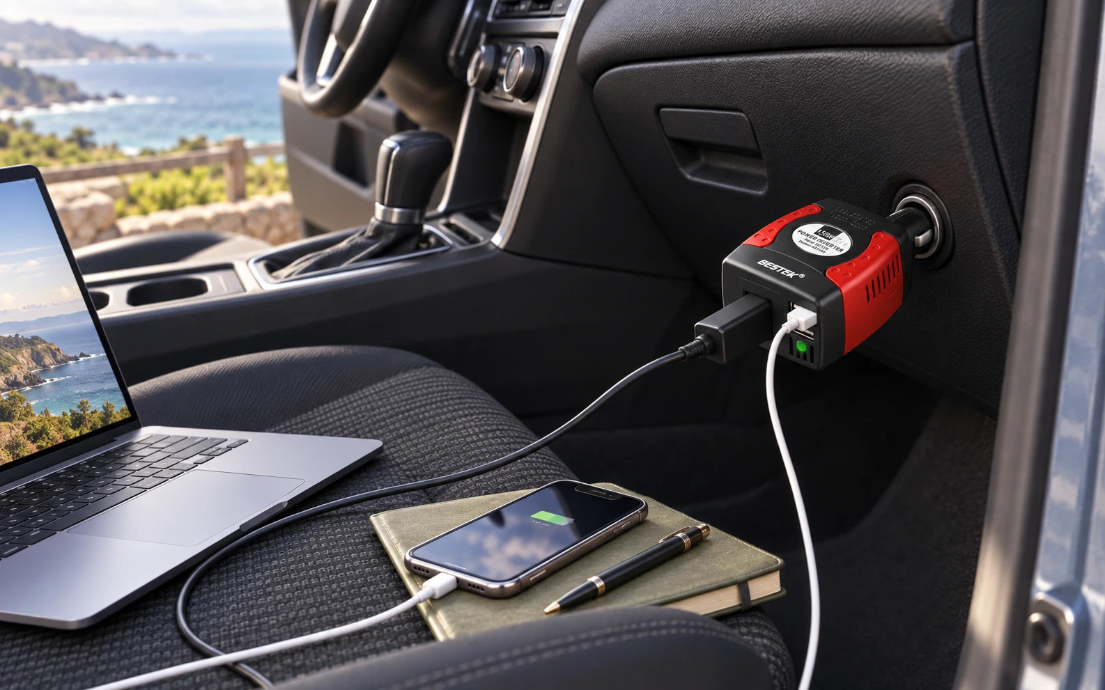 BESTEK 150W Power Inverter with Dual USB Charging Ports in a second product-specific use setting
