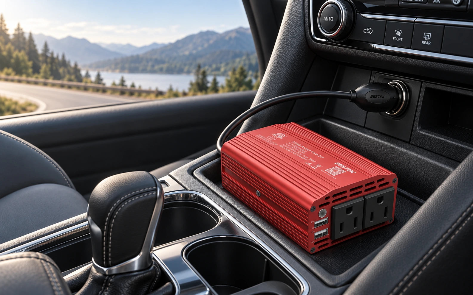 BESTEK 300W inverter resting securely in a car console with its attached cable connected to the vehicle 12V socket