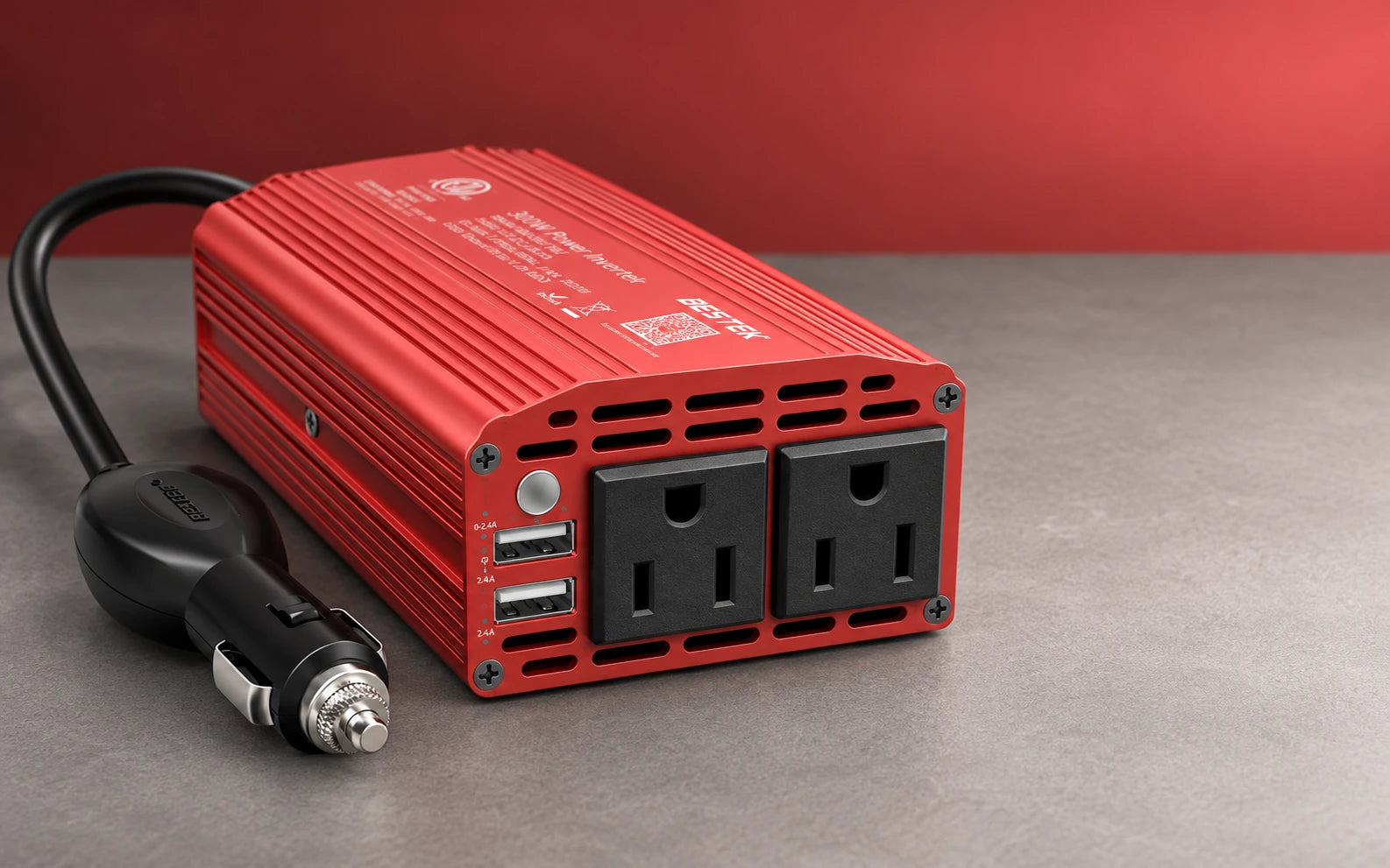 Close view of the MRI3011BU front panel with two US AC outlets and two vertically stacked USB-A ports