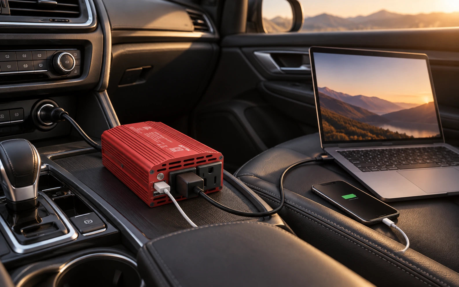BESTEK 300W inverter powering a laptop and charging a phone from a parked vehicle console
