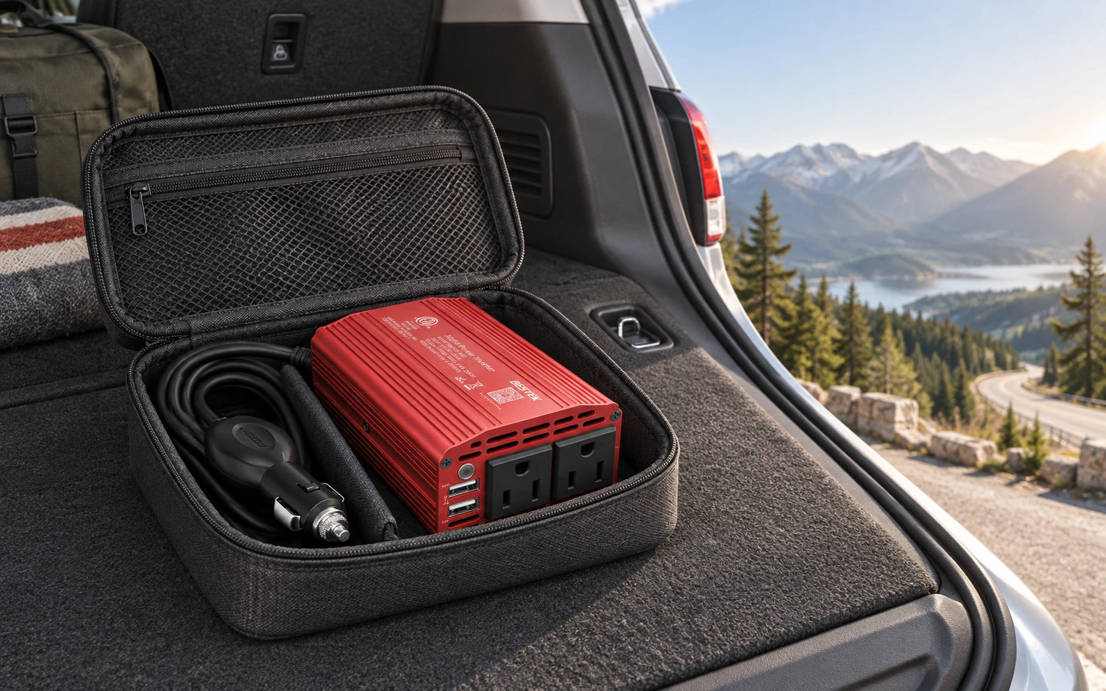 BESTEK MRI3011BU 300W inverter and its continuous attached cable stored in a fitted travel organizer