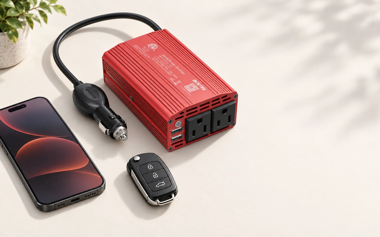 BESTEK MRI3011BU red 300W inverter, attached 12V plug, phone and car key arranged as an honest scale reference