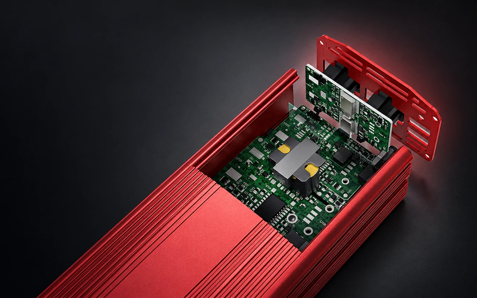 Product cutaway of the BESTEK inverter showing the red aluminum enclosure and internal circuit boards