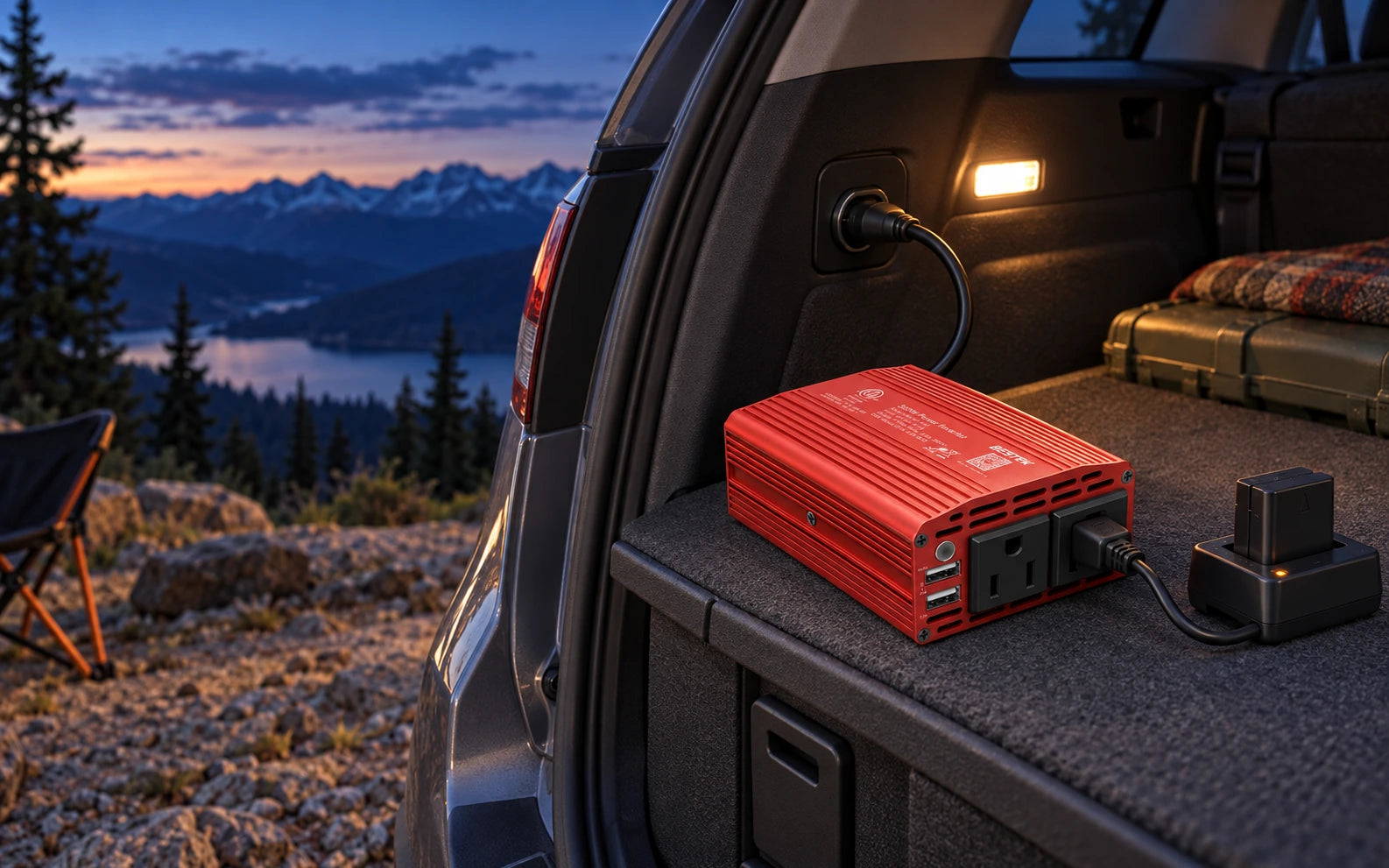 BESTEK 300W inverter powering a camera battery charger from an SUV cargo socket at a mountain campsite