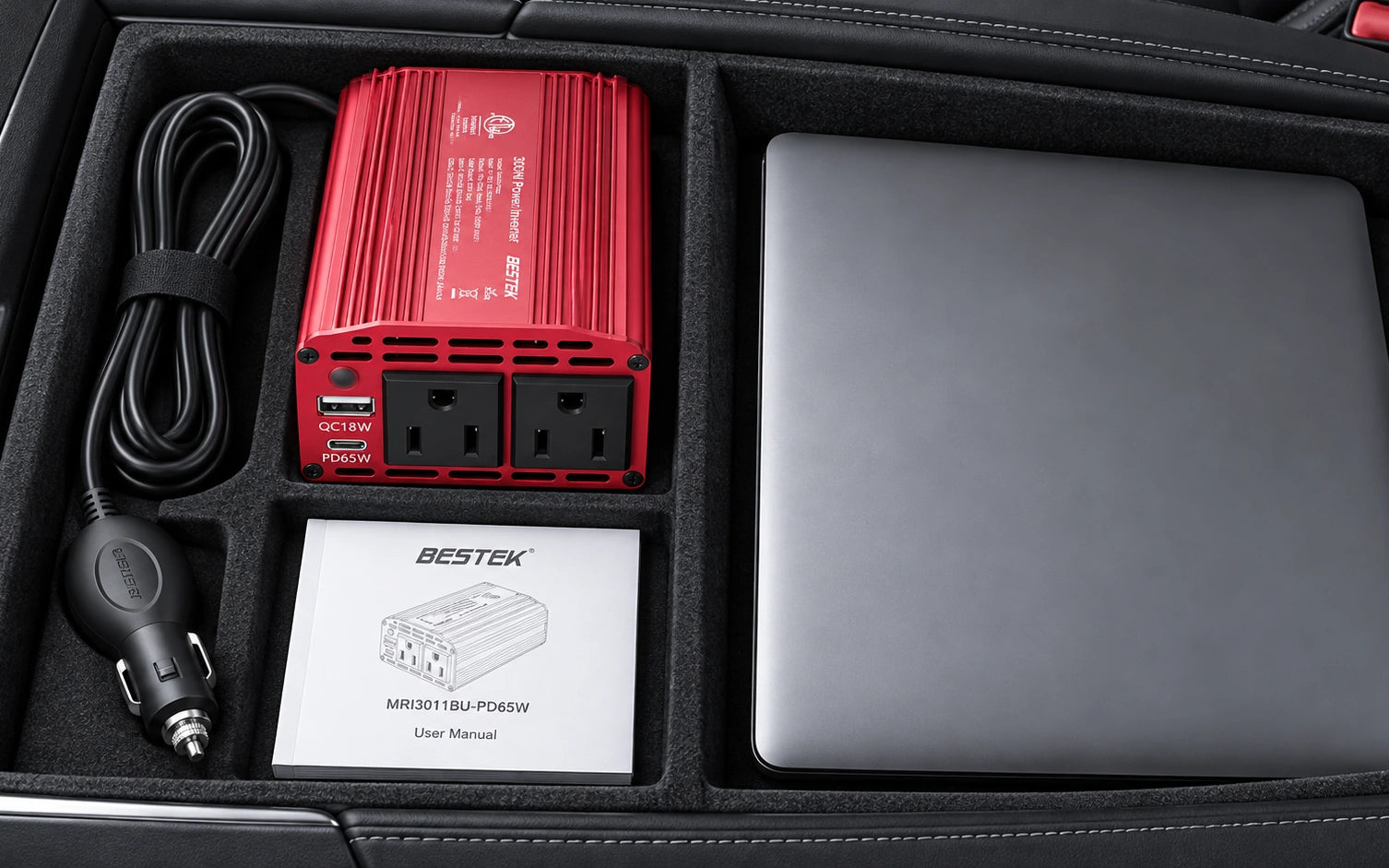 BESTEK 300W Car Power Inverter with 65W USB-C and QC3.0 Ports - 12V DC to 110V AC Converter in a third product-specific use setting