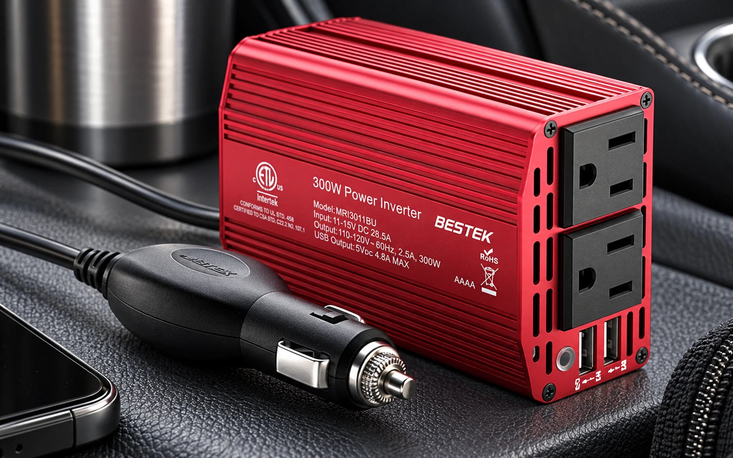 BESTEK 300W Car Power Inverter 12V DC to 110V with 4.8A Dual USB Ports and 2 AC Outlets final product detail