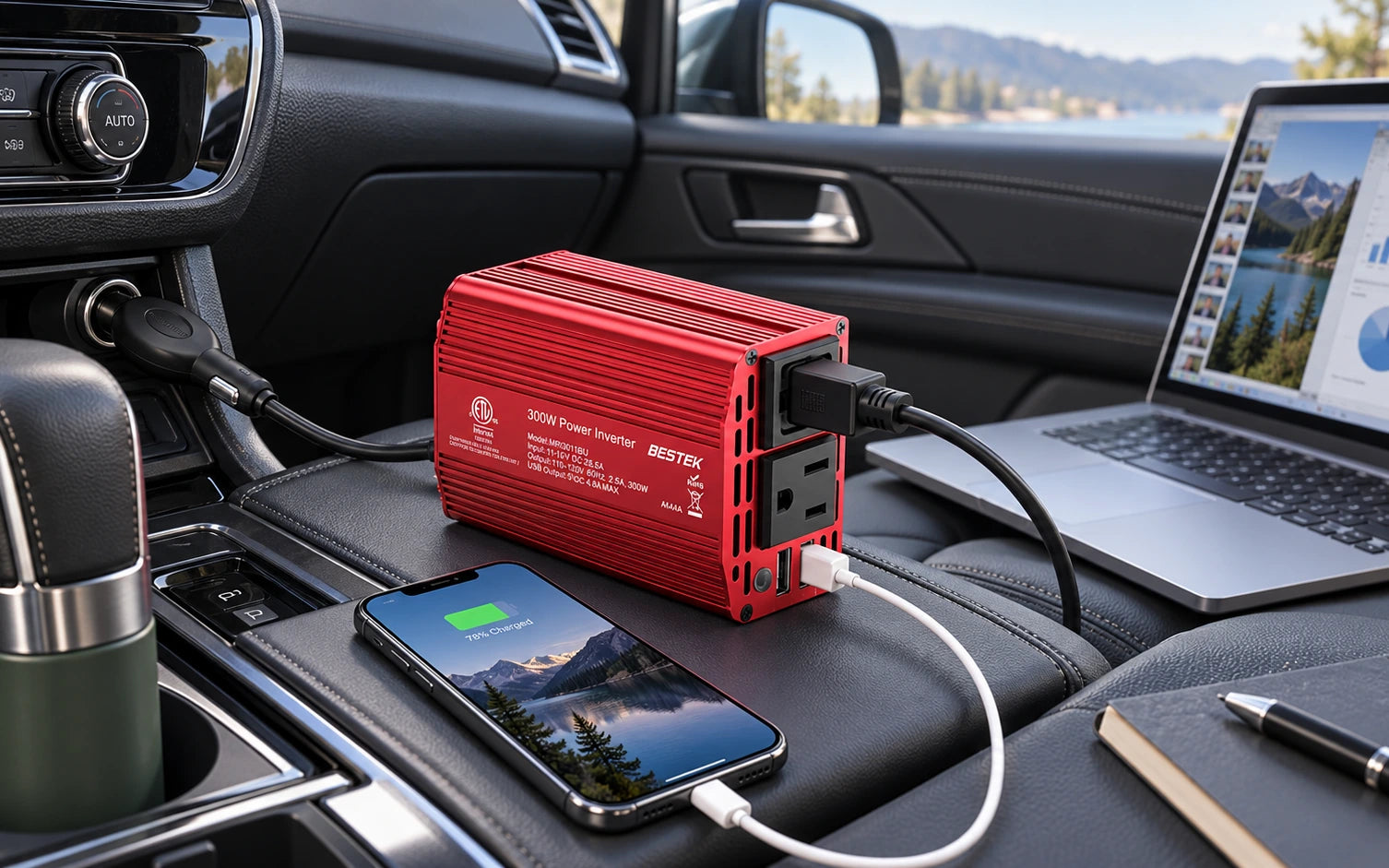 BESTEK 300W Car Power Inverter 12V DC to 110V with 4.8A Dual USB Ports and 2 AC Outlets in a product-specific use setting
