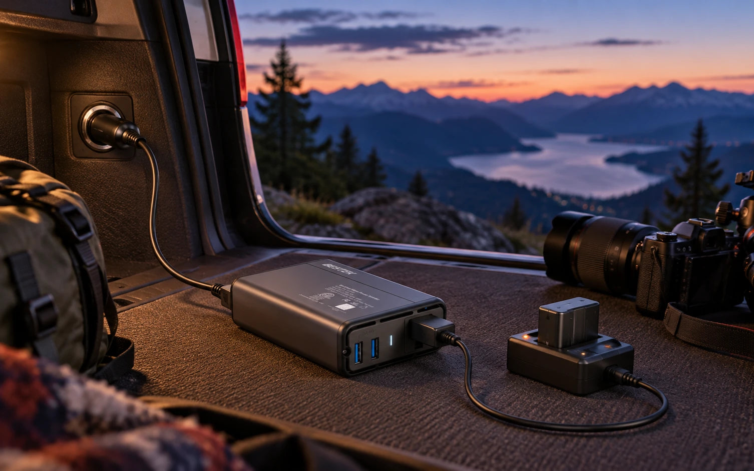 BESTEK Dual-USB 150W Car Power Inverter in a third product-specific use setting