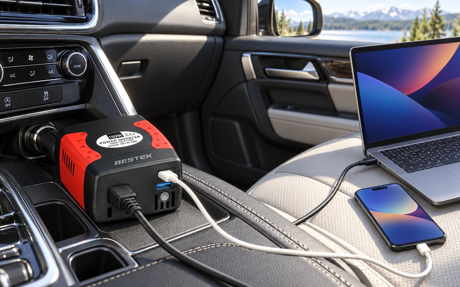 BESTEK 150W Power Inverter 12V to 110V with PD30W QC18W Dual USB Ports in a product-specific use setting