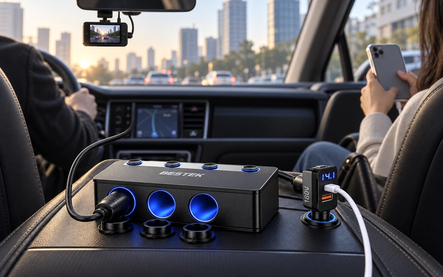 BESTEK 180W Cigarette Lighter Splitter with 65W USB-C PD, Black in a product-specific use setting