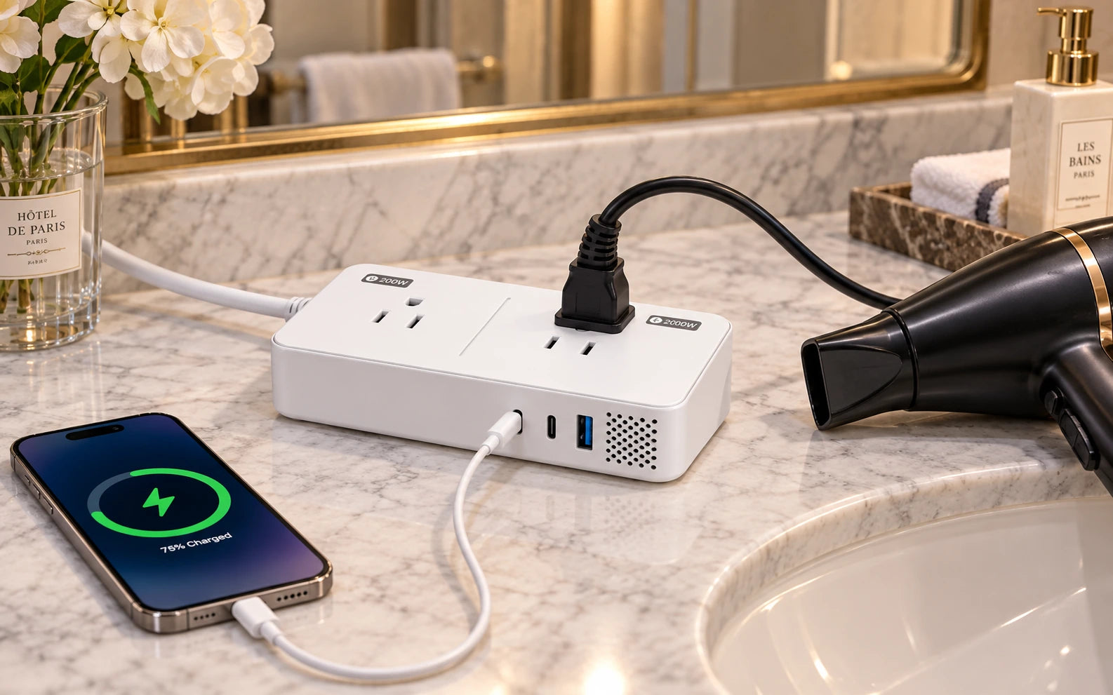BESTEK 2000W Travel Voltage Converter with 2 AC Outlets and 3 USB Ports in a product-specific use setting