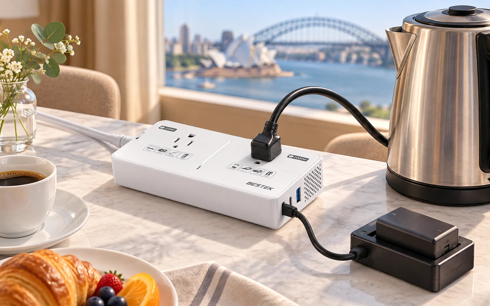 BESTEK 2000W Travel Voltage Converter with 2 AC Outlets and 3 USB Ports in a third product-specific use setting
