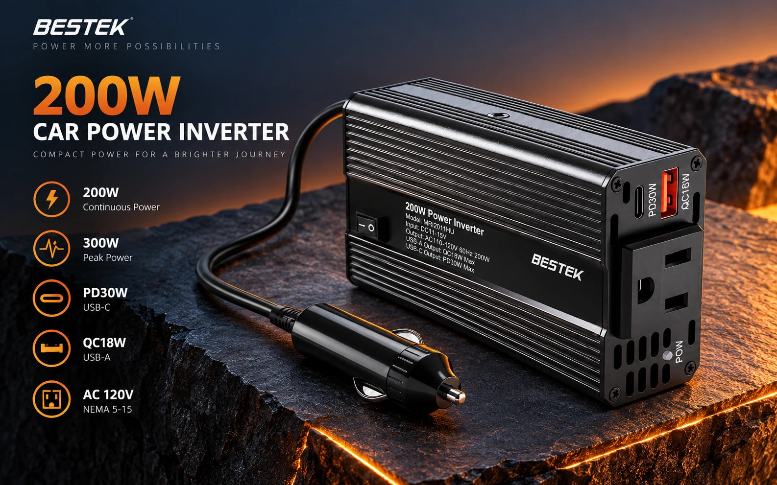 BESTEK 200W Car Power Inverter with 30W USB-C PD and QC 3.0 detail overview