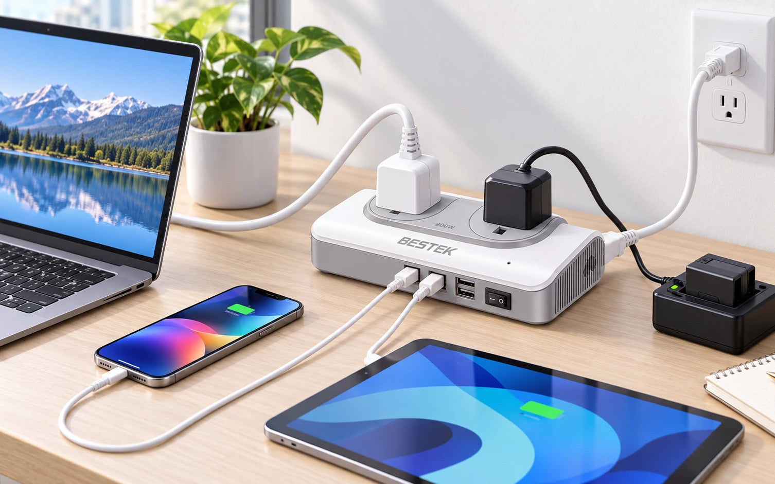 BESTEK 200W Step Up Voltage Converter 110V to 220V with 4-Port USB in a product-specific use setting