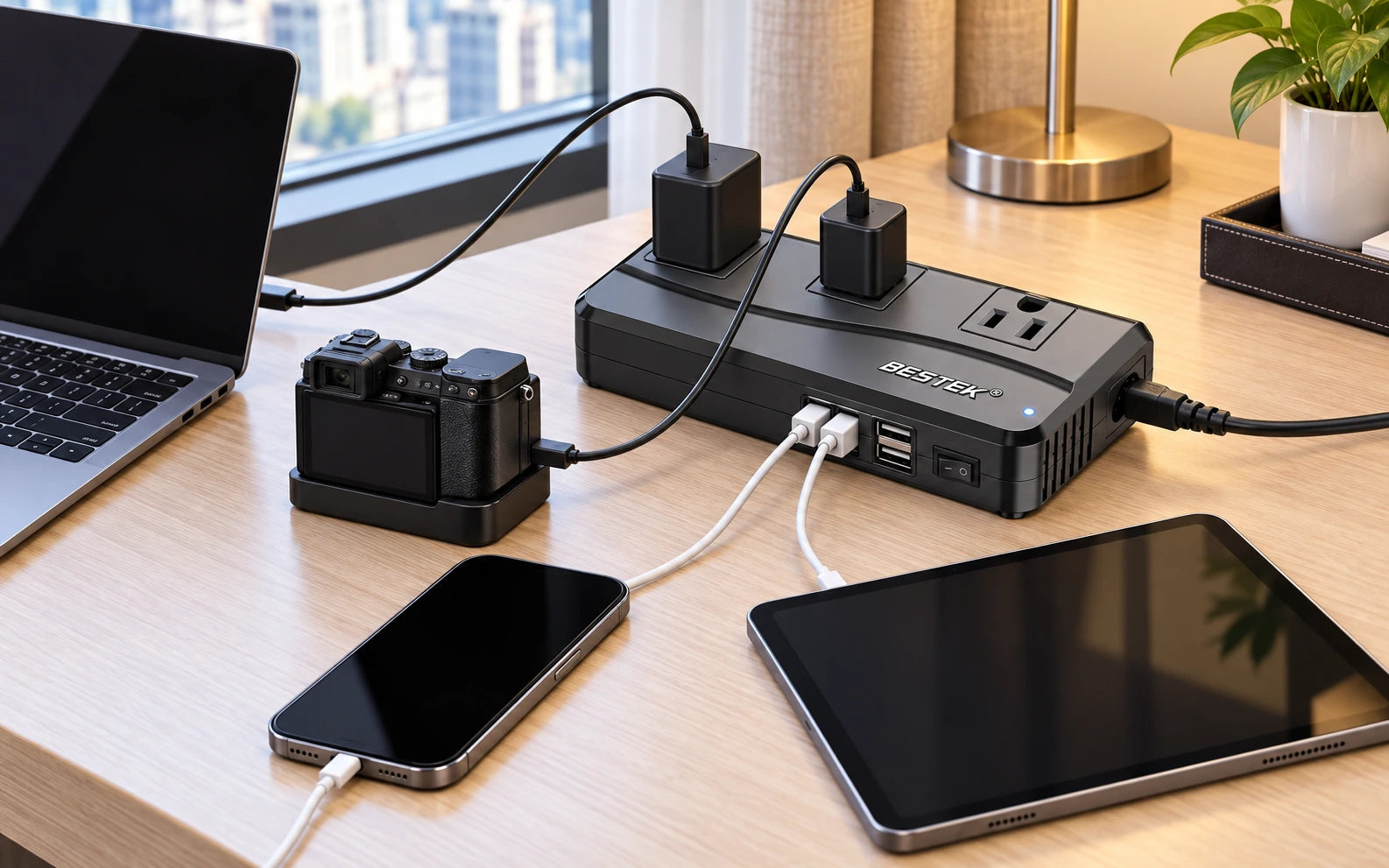 BESTEK 4-Port USB Voltage Converter 3 AC Outlets, UK/US/AU Plug final product detail