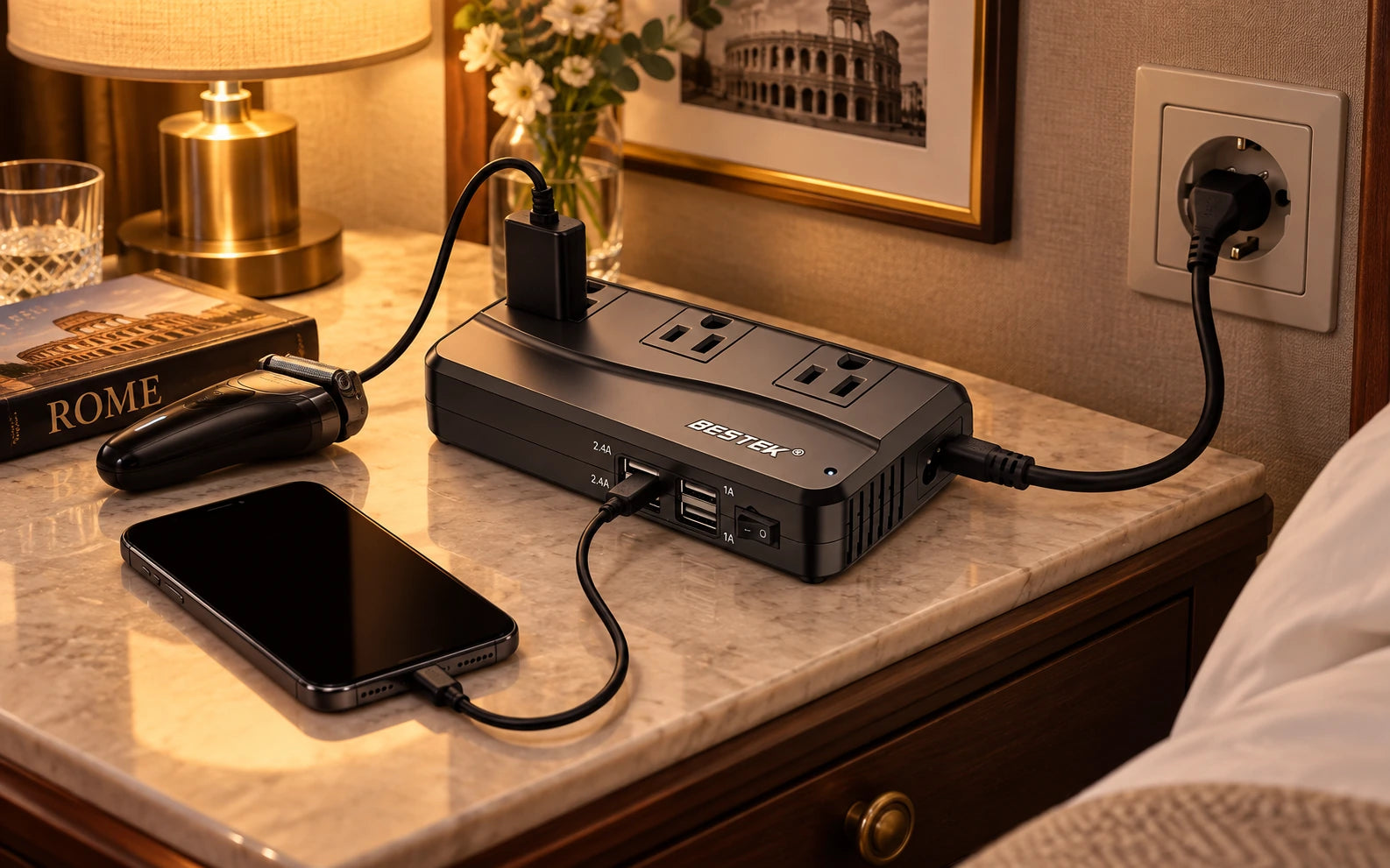 BESTEK 4-Port USB Voltage Converter 3 AC Outlets, UK/US/AU Plug in a third product-specific use setting