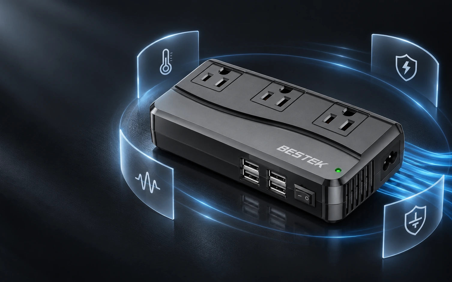 BESTEK 250W Travel Voltage Converter with 3 AC Outlets and 4 USB Ports final product detail