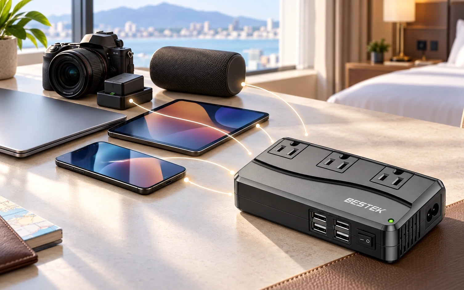 BESTEK 250W Travel Voltage Converter with 3 AC Outlets and 4 USB Ports in a product-specific use setting