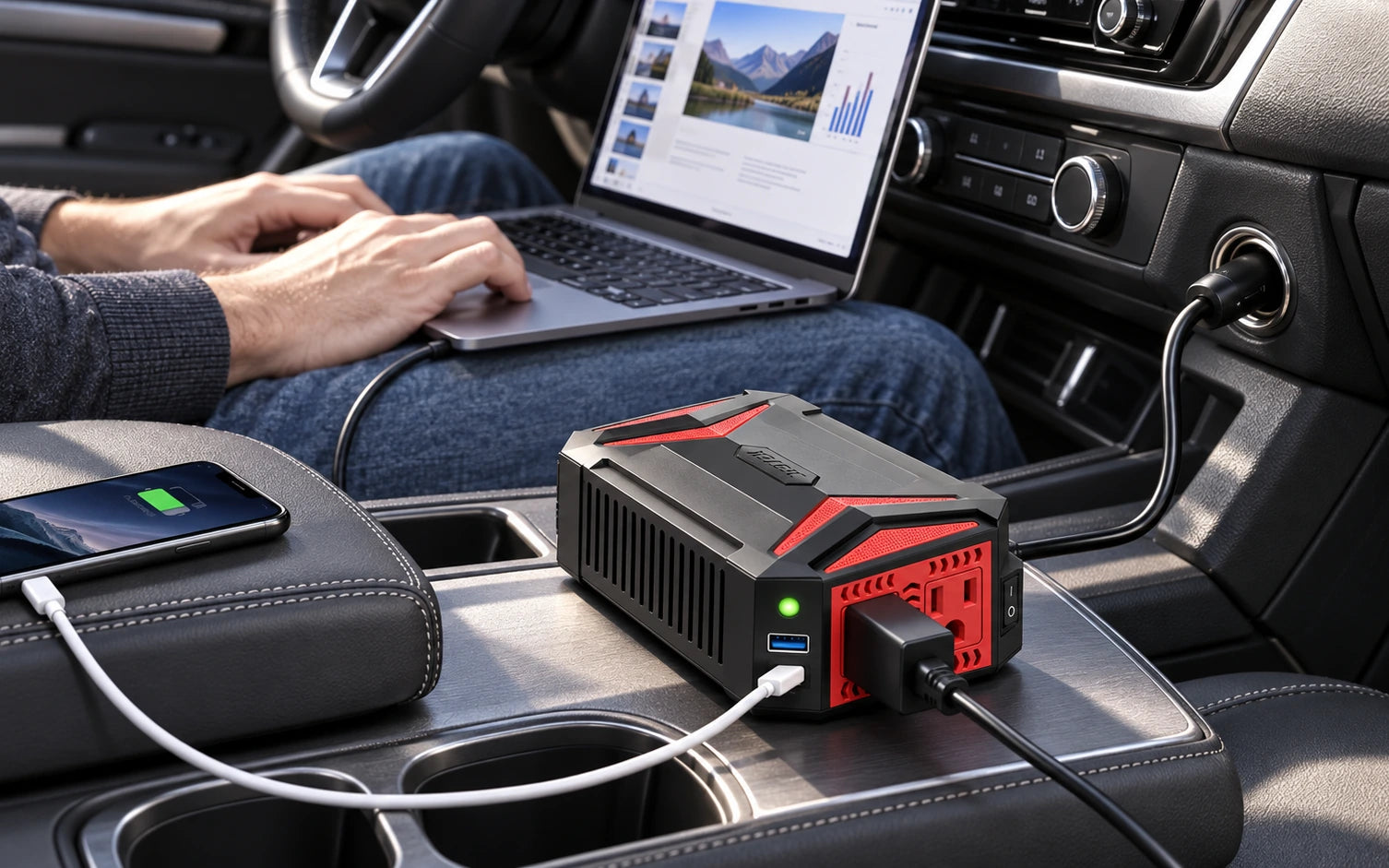 BESTEK 300W Pure Sine Wave Power Inverter with USB-C PD and USB-A Charging in a product-specific use setting