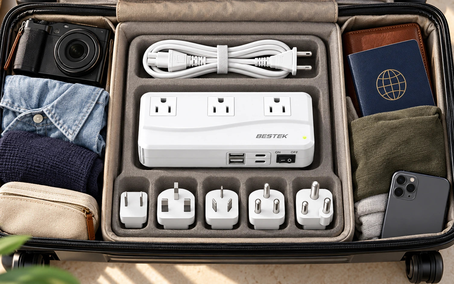 BESTEK 300W Voltage Converter 220V to 110V Power Transformer with 2 USB-C PD 20W Fast Charging Ports in a second product-specific use setting