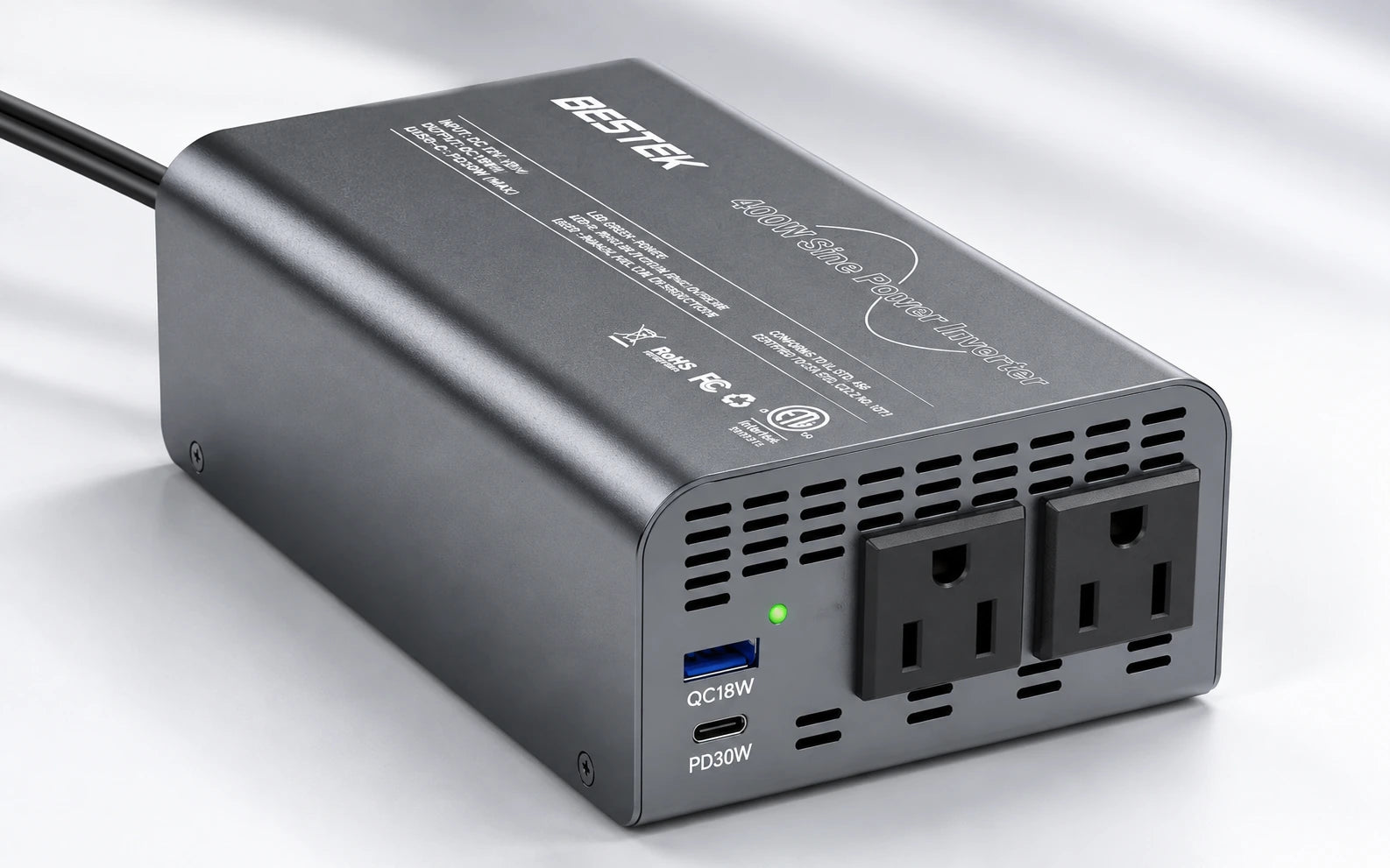 BESTEK 400W Pure Sine Wave Power Inverter DC 12V to AC 110V with PD30W USB-C QC 18W controls and connections