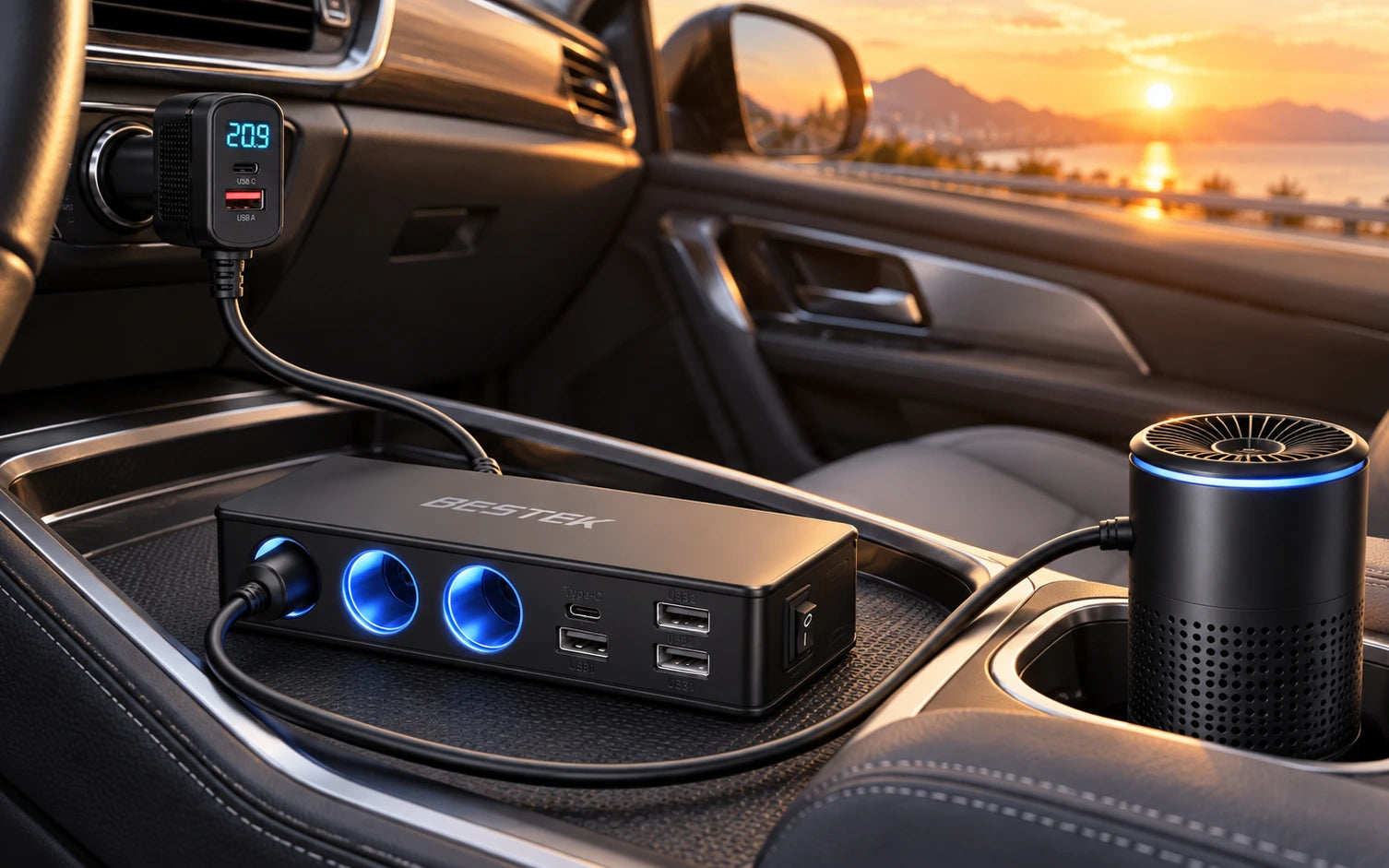 BESTEK 148W 9-in-1 Cigarette Lighter Splitter with USB-C PD in a product-specific use setting
