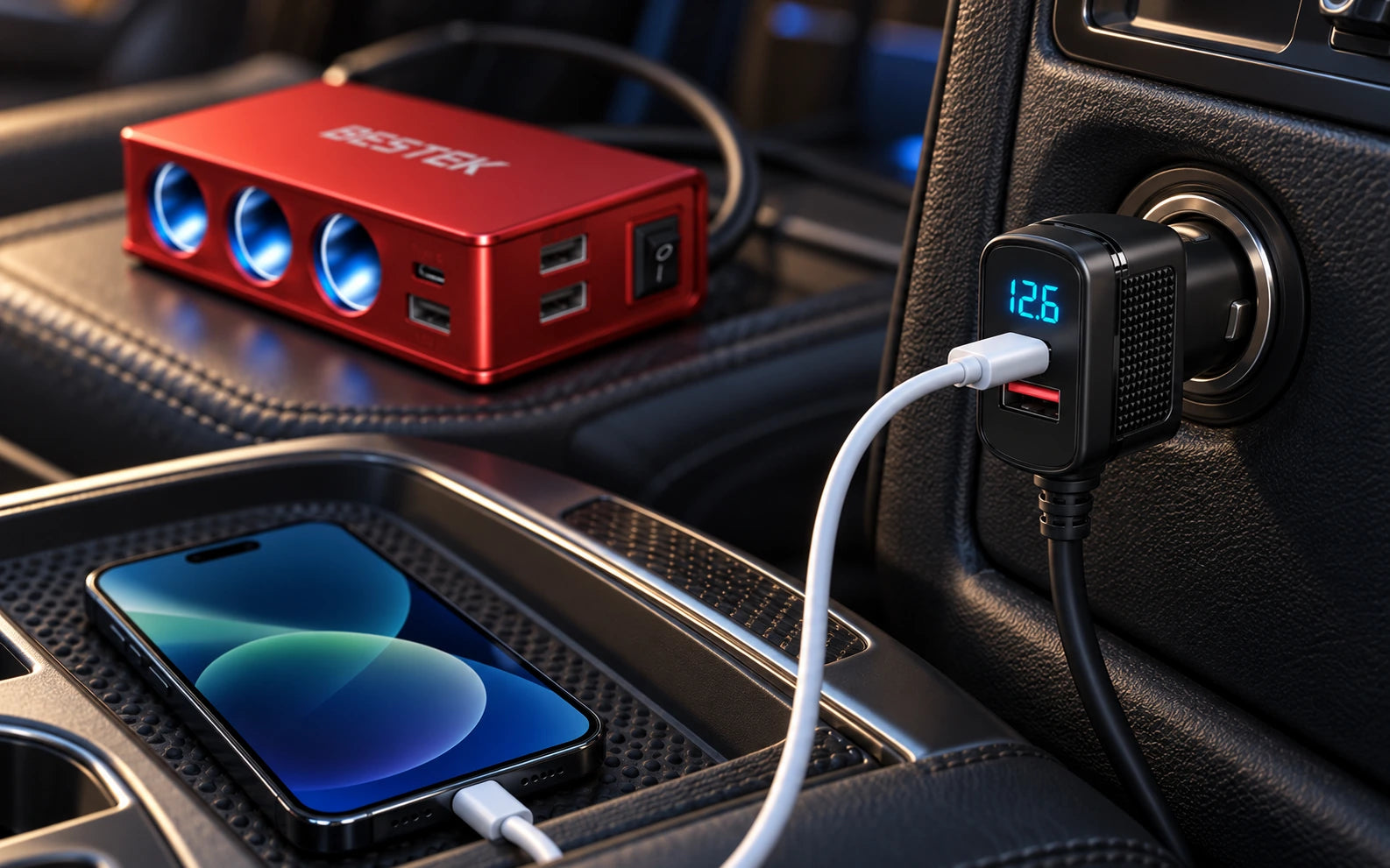 BESTEK 148W 9-in-1 Cigarette Lighter Splitter with 30W USB-C PD, Red final product detail