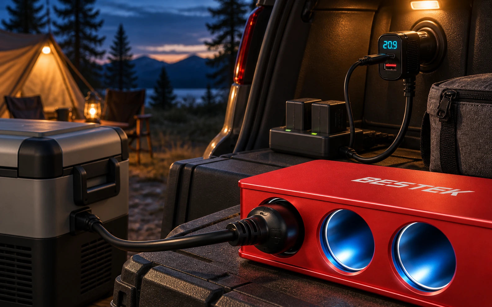 BESTEK 148W 9-in-1 Cigarette Lighter Splitter with 30W USB-C PD, Red in a third product-specific use setting