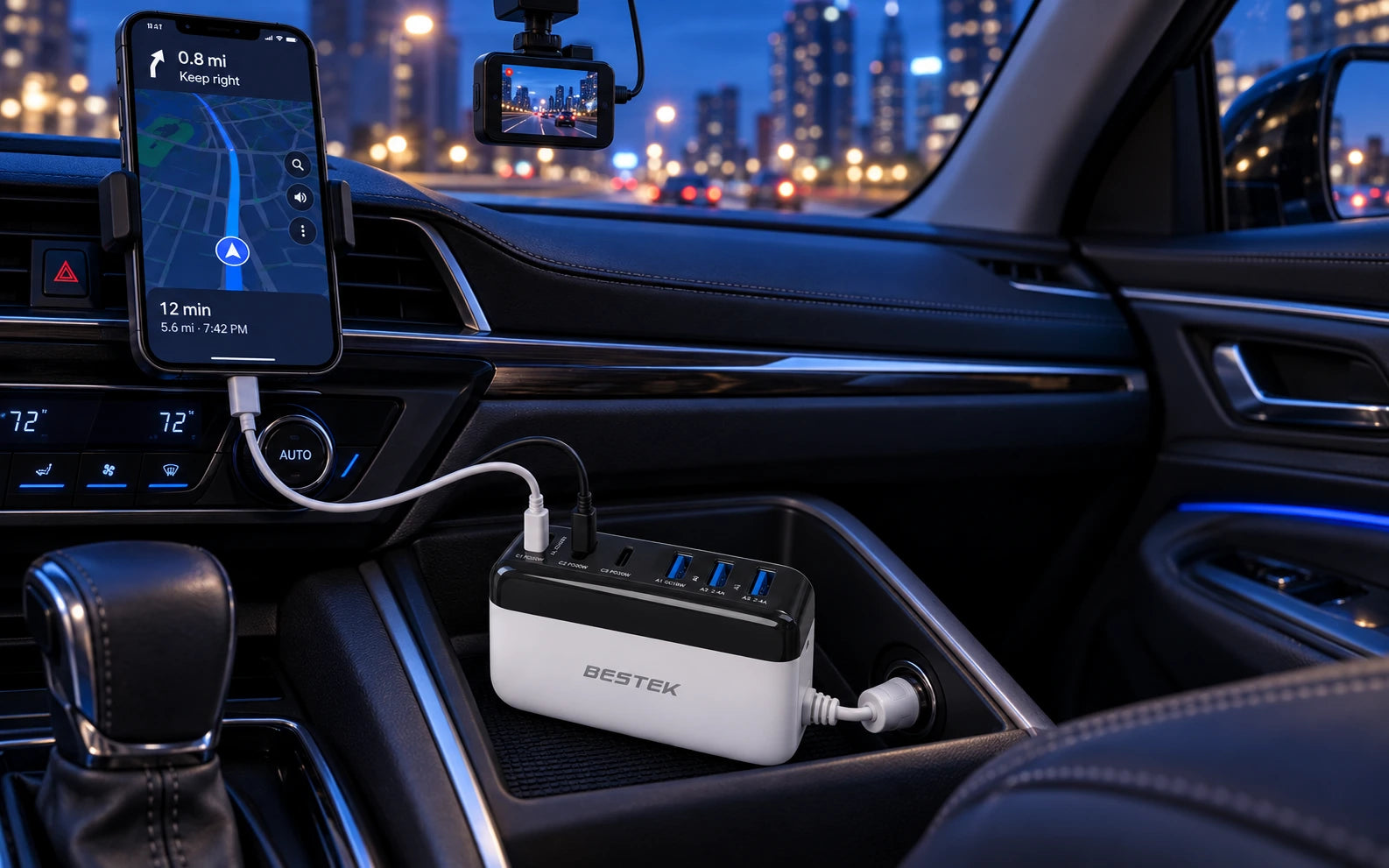 BESTEK 125W Multi-Port USB Car Charger with USB-C PD and QC 3.0 in a second product-specific use setting