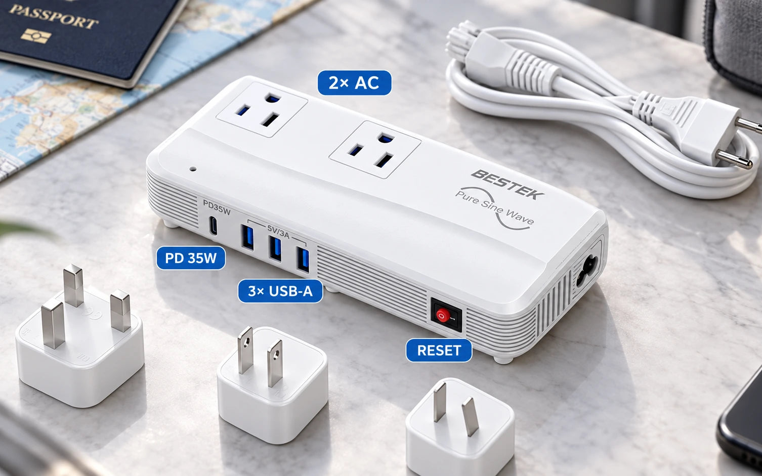BESTEK 200W Pure Sine Wave Travel Adapter Voltage Converter controls and connections
