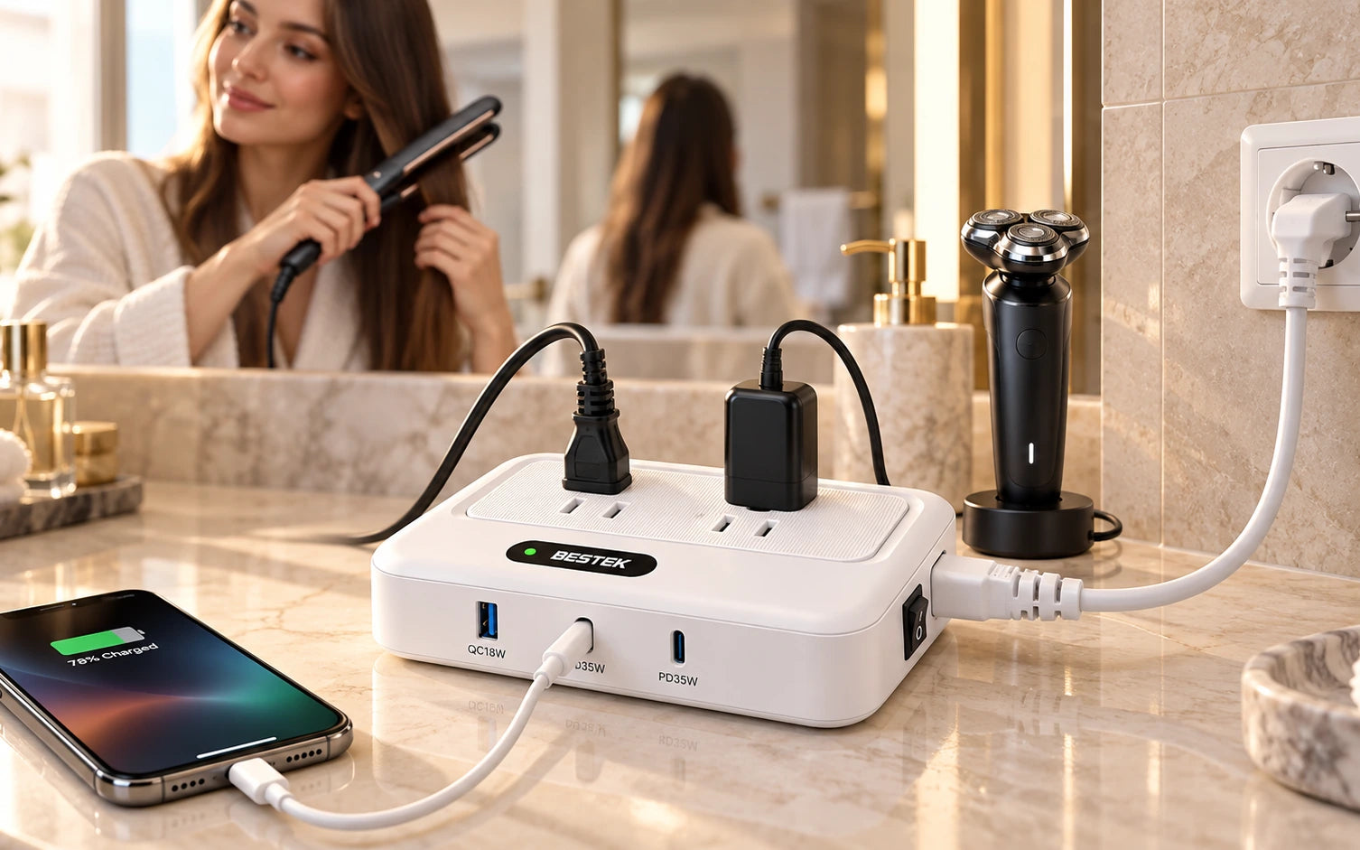 BESTEK 220v to 110v Converter with USB C 35w & Type C/G/A/I Plug Adapter for International Travel in a product-specific use setting